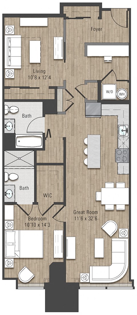Floor plan for 2 beds, 2 baths, 1170 sqft